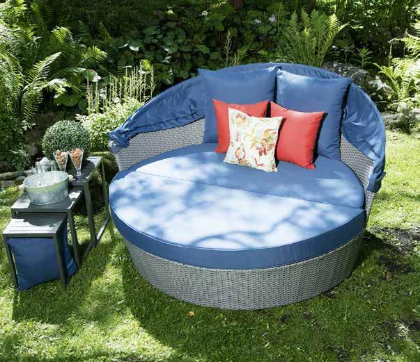 Available in Grey Wicker with Grey Cushion and Canopy; Grey Wicker with Blue Cushion and Canopy; and Black Wicker with