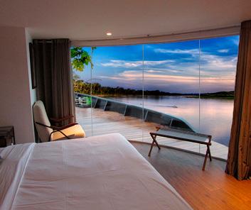 Panoramic view floor to ceiling windows, 8 suites with a separate private balcony overlooking the Amazon River in the second deck and 4 interconnected suites ideal for families.