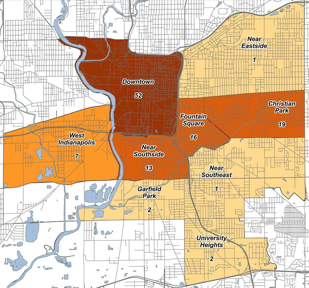 A closer view of the unsheltered population by neighborhood in the central Indianapolis area is shown in Figure 3.