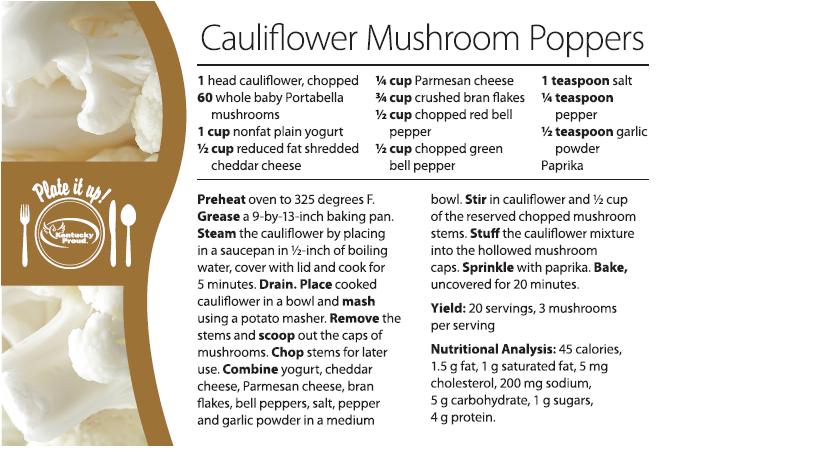 Recipe Corner Cauliflower is low in calories and sodium. It has no fat or cholesterol. It contains folate, vitamin C, potassium, and calcium.