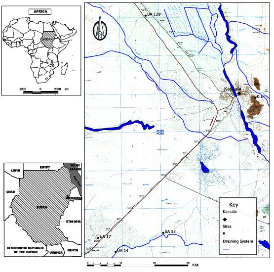 Figure 1: A map showing the location of Kassala and the drainage systems, geographical location and distribution of the surveyed sites.