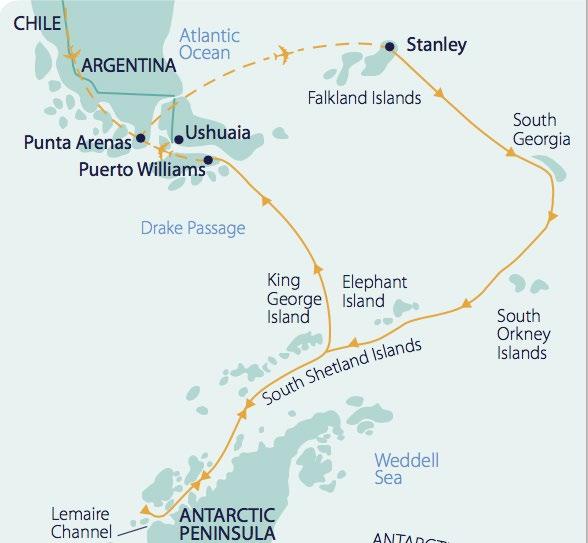 ITINERARY 18 Day Voyage - November 19 - December 6th 2016 This itinerary includes the flight from Santiago to Mount Pleasant in the Falkland Islands at the beginning of the voyage and the flight from