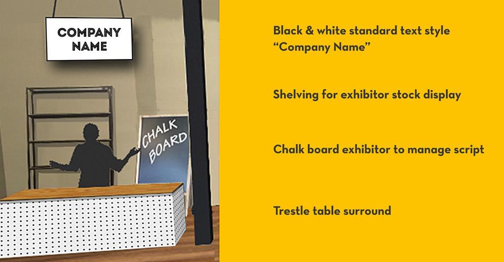 OPTION A EXHIBITOR STAND Stand Size Signage 3m wide x 2m deep (venue floor boards) Printed signage board with text included Company Name, suspended above exhibitor, 1m long x 550mm high Walls