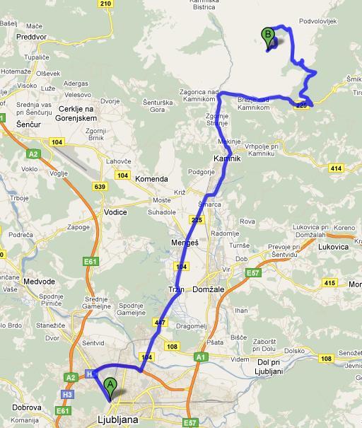 3.5.9. VELIKA PLANINA zbirno mesto: zgornja postaja nihalke Slika 39. Prikaz poti od Ljubljane do zbirnega mesta (Google maps 9, 2011).