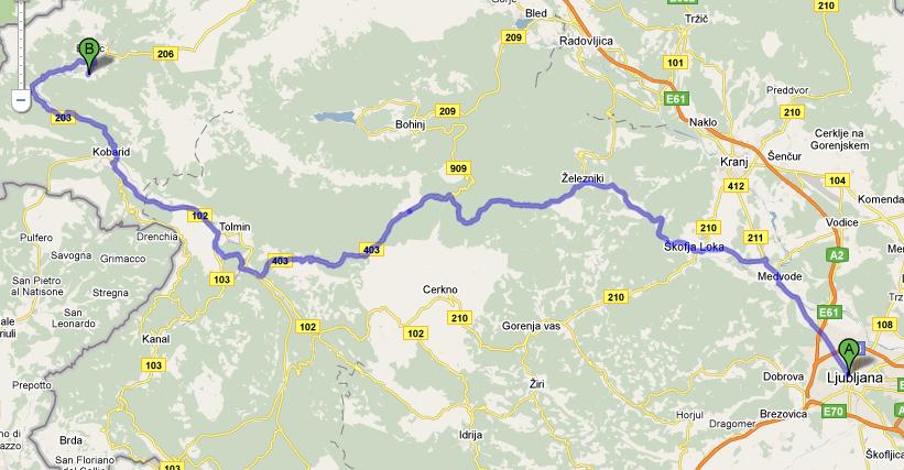 3.5.12 STOL PRI BOVCU zbirno mesto: Gostilna Pri Žvikarju, nedaleč stran od Bovca Slika 44. Prikaz poti od Ljubljane do zbirnega mesta (Google maps 11, 2011).