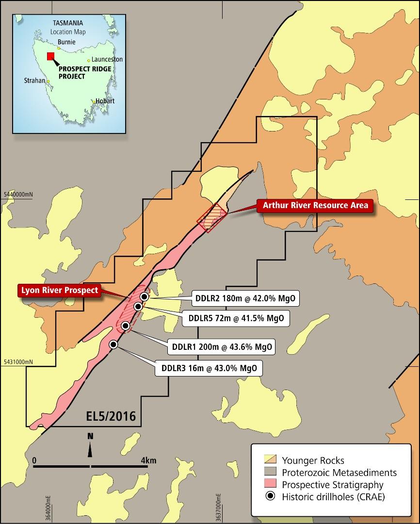 MAGNESITE Prospect Ridge Project (Jindalee ) The Prospect Ridge Project comprises one Exploration Licence (EL5/2016), covering the Arthur River and Lyons River magnesite deposits, located 55km