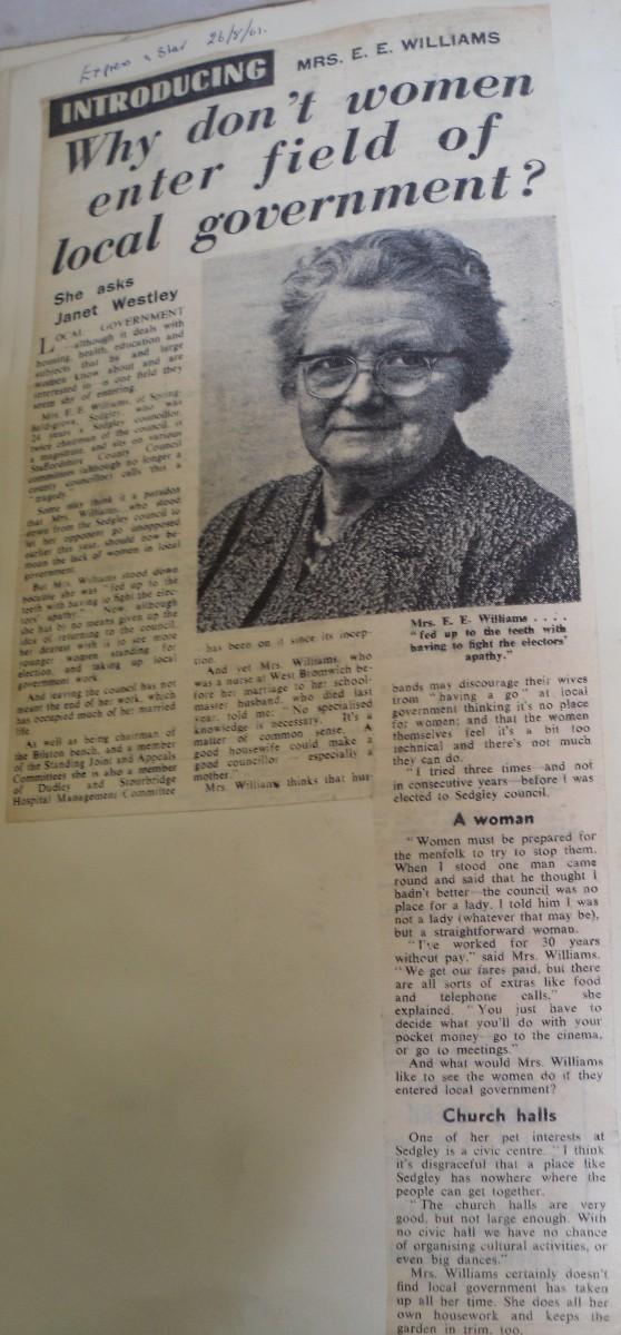 Councillor Mrs E.E. Williams. Many of the early press cuttings in the collection refer to Mrs Edith Williams who was quite remarkable in her day.