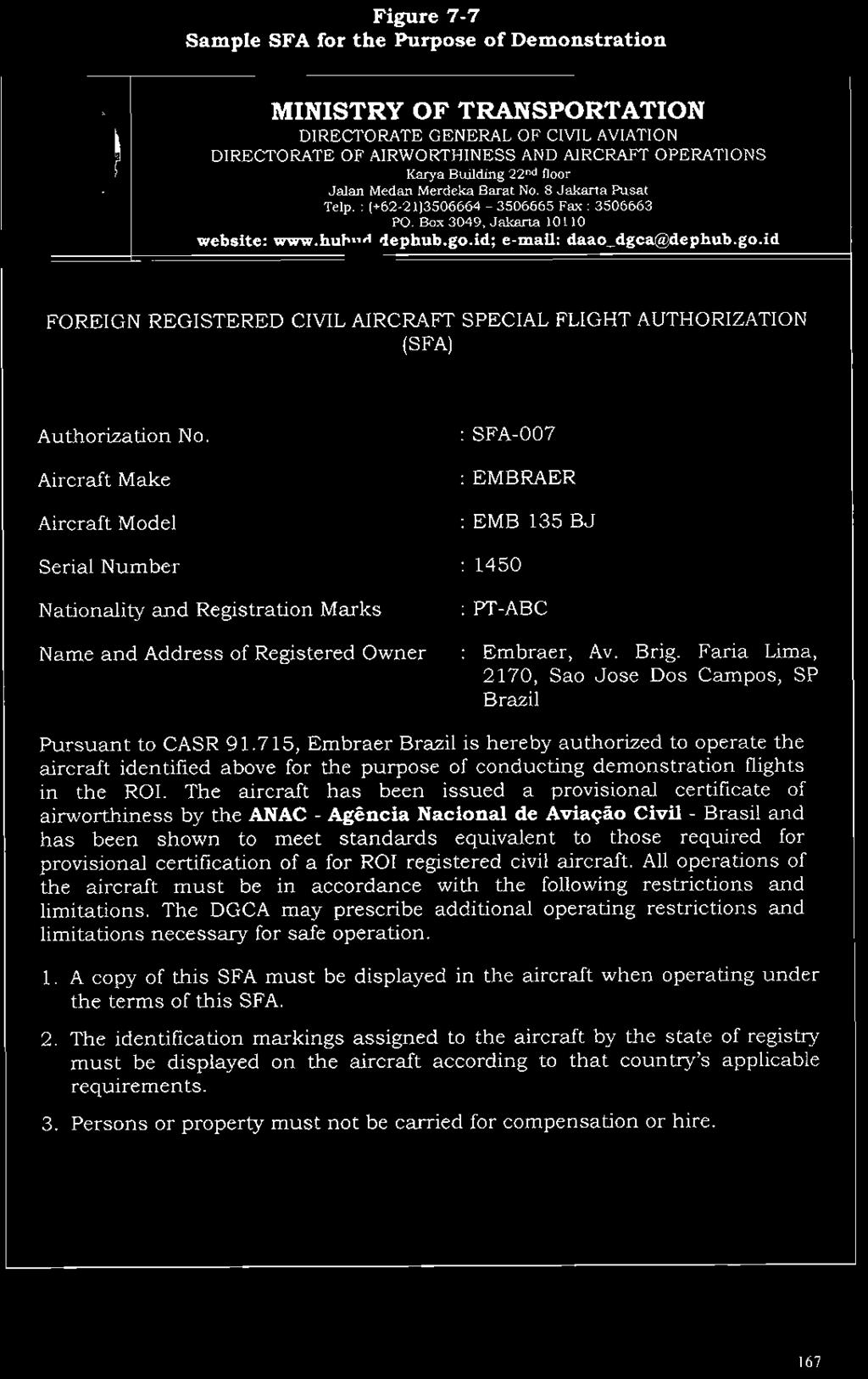id; e-mail: daao dgcafodephub.go.id FOREIGN REGISTERED CIVIL AIRCRAFT SPECIAL FLIGHT AUTHORIZATION (SFA) Authorization No.