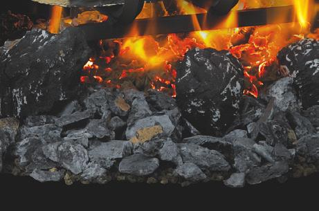 Right: GL28 natural tree bark side shown with standard grate, charcoal embers, glowing embers and charcoal lumps.