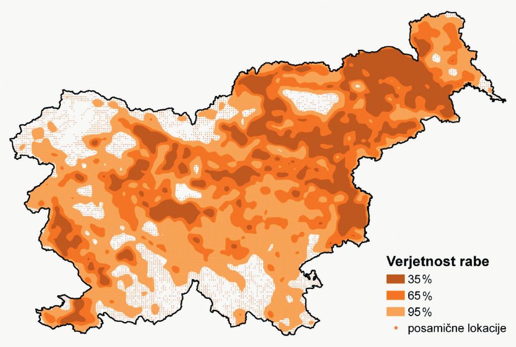 Slika 2: Razširjenost srnjadi v Sloveniji in relativne gostote (verjetnosti rabe prostora) izračunane s fiksno kernelsko metodo.