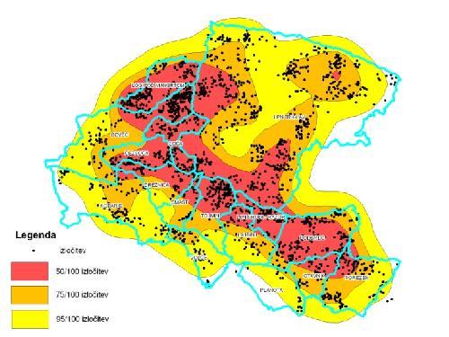 koncentracije jelenjadi. To se lepo vidi predvsem na območju Trnovskega gozda, Slika 13: Prikaz zgostitve populacije jelenjadi v zahodno visoko kraškem lovsko upravljavskem območju.