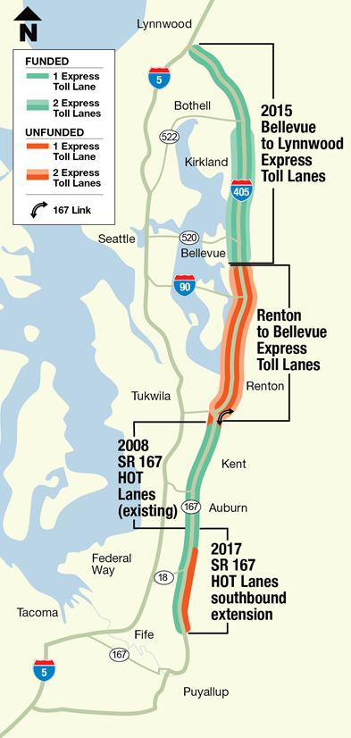 A 40-Mile Express Toll Lane Vision Existing SR 167 HOT lanes Completed in 2008 Bellevue to Lynnwood express toll lanes
