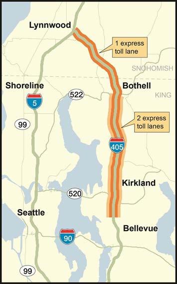 Express Toll Lanes from Bellevue to Lynnwood is the next step of the 40-mile system 17 miles of express toll lanes on I-405 from NE 6th Street in Bellevue to I-5 in Lynnwood: Gives drivers an option