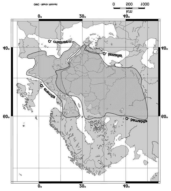 Slika 2 Geografska območja Osmoderma eremita kompl. v Evropi (Audisio in sod.