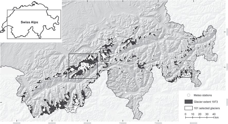 242 Linsbauer and others: Model scenarios of future glacier change in the Swiss Alps Fig. 1. The model domain Swiss Alps with the subsample of 101 selected glaciers marked.