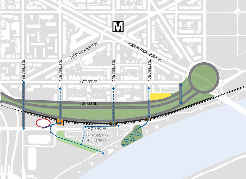 13th, 14th, 15th and 16th Streets SE would be extended toward the Anacostia River, intersecting with the park and new roadways north of the CSX right-of-way.