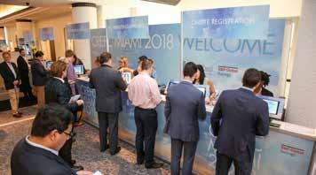 2019 Conference Sponsor Items Registration area with branded kiosks box lunches charging