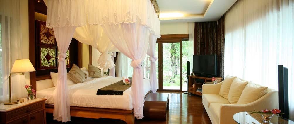 ACCOMMODATION All 85 rooms and villas are designed in a Lanna style complete with natural fabrics and fine golden teak decoration Spacious living area featuring a furnished balcony overlooking the