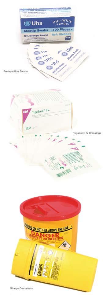 I.V. Supplies Sterile Solutions 250677 Sterile Water - 500ml 210905 Sterile Saline - 500ml Pre-injection Swabs 220411 100 x Pre-injection Swabs Tegaderm IV Dressing 3M Tegaderm I.V. 1635 Dressing with Securing Tape combines transparent film and soft cloth tape for added catheter security.