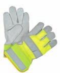 tipped fingers and knuckle strap Fluorescent yellow back and two gray reflective stripes offer maximum visibility Rubberized safety cuff Case Qty: Superior Quality Split Cowhide Leather gloves Top