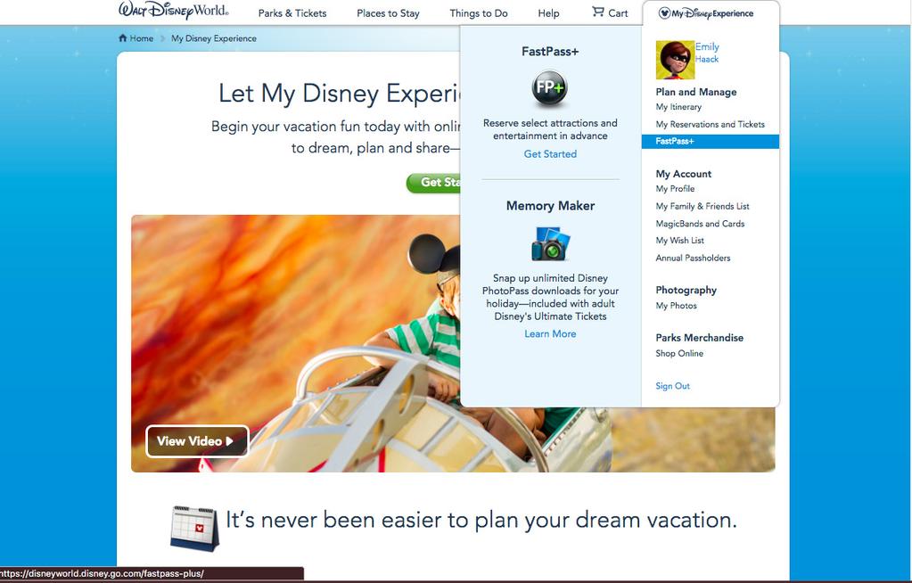 Step 1 Log into your My Disney Experience account, then hover over the My Disney Experience header on the far right.