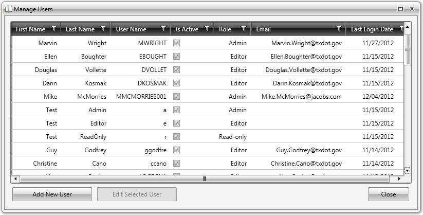 Manage Users Dialog The manage users form allows administrative level users to add and modify data about the users of TRIMS.