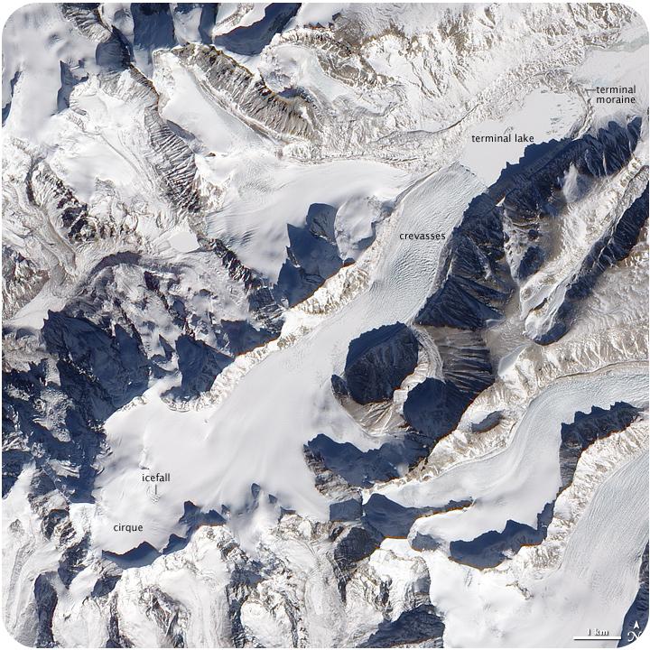 www.ck12.org FIGURE 1.1 A satellite image of glaciers in the Himalaya with some features labeled. Glacial Erosion Glaciers erode the underlying rock by abrasion and plucking.