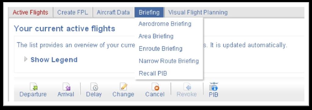 8.4. Briefing The Pilot Portal enabels the creation of following briefing types: Aerodrome briefing Area briefing Enroute briefing Narrow Route briefing Only the fileds that are needed to fill out