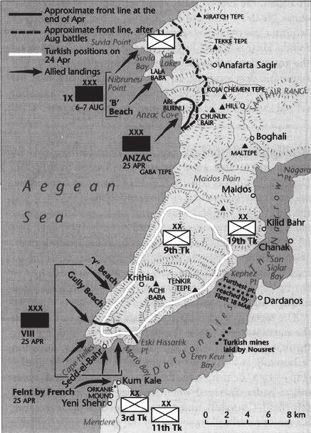 Map of Gallipoli showing the landing beaches and the approaches from Lemnos.