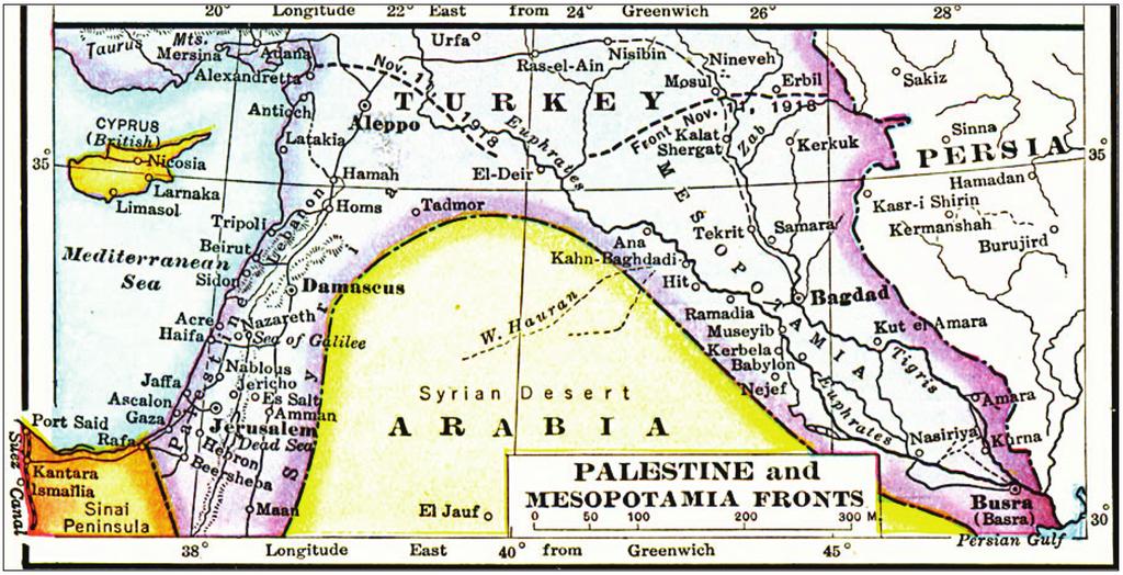 ! A map to show the Palestine and Mesopotamian Fronts, on 11 November 1918. (Source: Merton M.