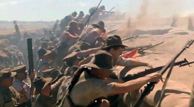Hopping the bags... this scene from much-hailed movie Gallipoli, starring Mel Gibson and Mark Lee, shows the moment the Australian first wave went over the top to charge the nearby Turkish trenches.