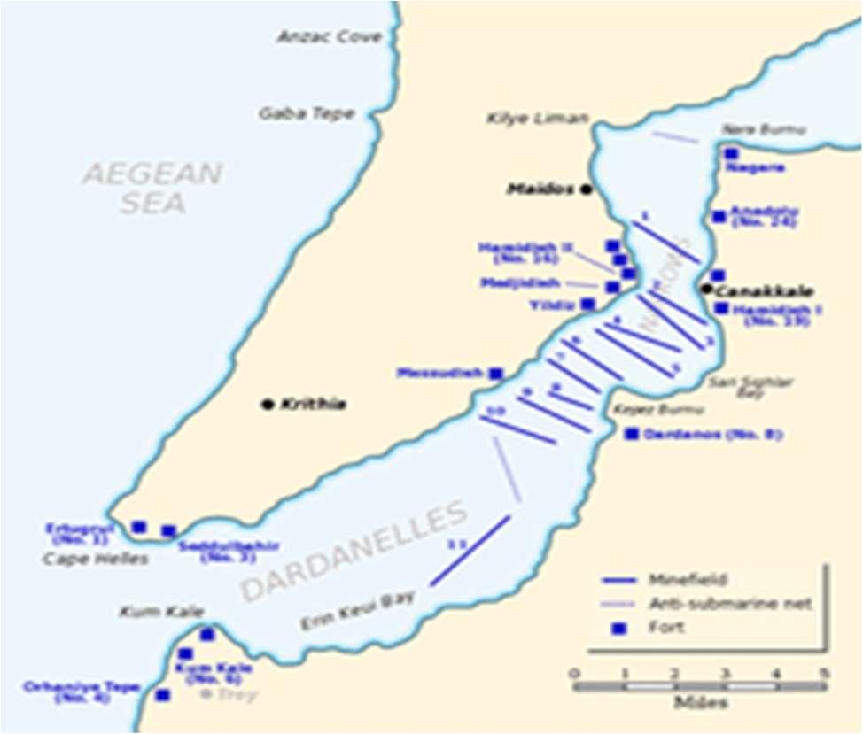 This next map shows a magnification of the 61 kilometres long Dardanelles Strait, with its widest width being of six kilometres at Erin Keui Bay, and its narrowest being just 1.2 kilometres wide.