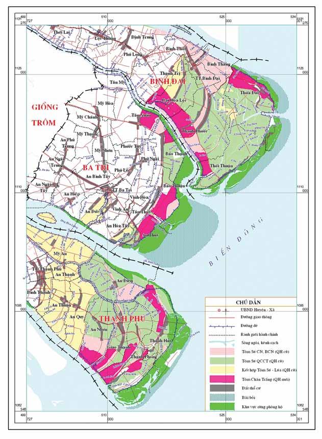 12 Towards Sustainable Coastal Management and QUY HOẠCH CHI TIẾT NUÔI TÔM CHÂN TRẮNG TRÊN ĐỊA BÀN TỈNH BẾN TRE ĐẾN NĂM 2020 Figure 1: The map indicated types of land use, the sea dyke system and