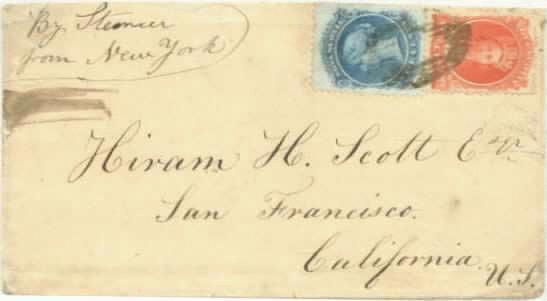 Top cover, directional endorsement for transcontinental carriage by steamer from New York apparently misinterpreted as request for packet service to Boston.