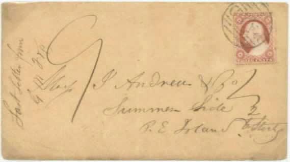 Erroneously rated 13½ due for letter addressed beyond Halifax, overstruck with correct 10 due rate comprised of 8½ (4d sterling) packet postage per Java to Halifax and 1½ inland charge.