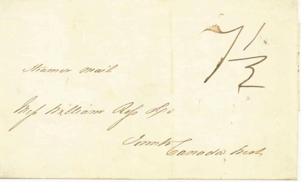 Interprovincial Closed-Bag Mail via Cunard Line GB packet - 5d cy CW inland - 2½d cy Halifax, September 12, 1853, rated 7½d due comprised of 2½d currency inland postage to be collected by Canada