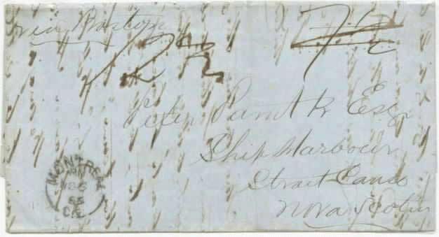 The United States did not collect transit postage. GB packet - 8½ cy NS inland - 4 cy Montreal, Canada East, November 6, 1865, via closed bag from Montreal by rail to Boston.