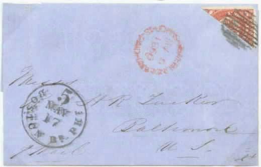 Packet Mail to and from Newfoundland Packet Rate from St. Johns to Boston Reduced to 4d stg. January 1, 1856 St.