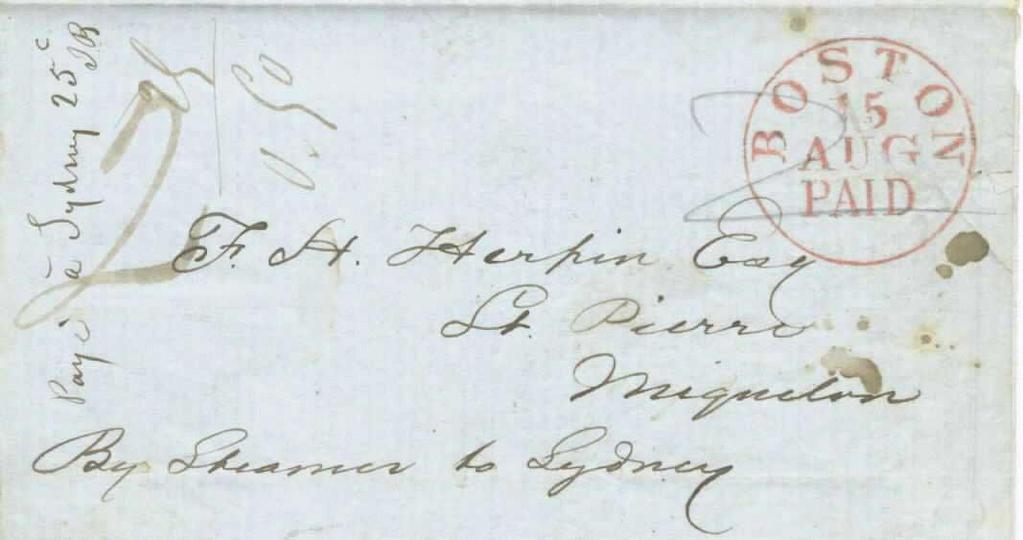 Saint Pierre May 23, 1857 privately carried to Halifax where letter entered the mails June 1, 1859 paid 5d cy (4d sterling) per America to Boston.