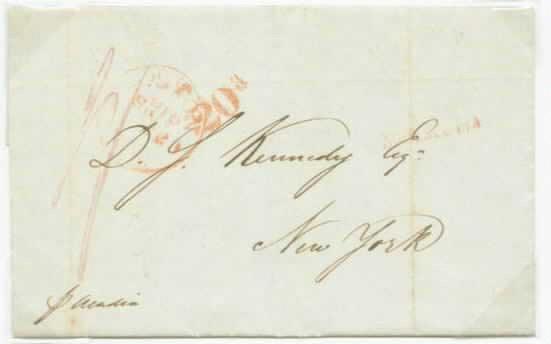 Pre-Treaty Period Packet Postage Rate 1 Shilling Effective December 5, 1842 Halifax, February 17, 1843, paid 1 shilling sterling packet postage per Acadia to 3 Boston.