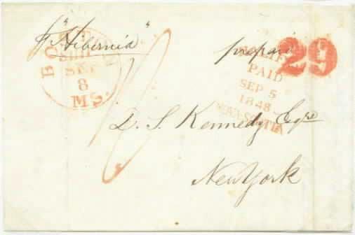 Pre-Treaty Period, Retaliatory Rates June 27, 1848 to January 3, 1849, Retaliatory Rate Period Halifax, September 5, 1848, paid 1 shilling sterling packet postage per Hibernia to Boston.
