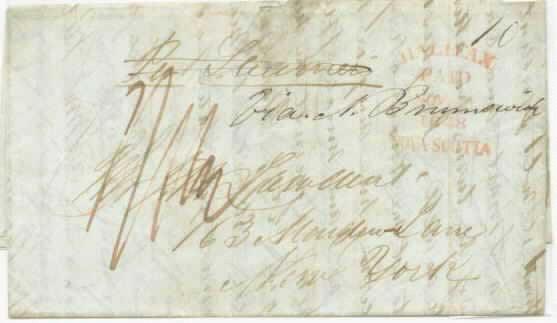 Although British packet postage was prepaid in Halifax, United States assessed American packet postage on letters arriving by British packet in retaliation for British treatment of letters arriving