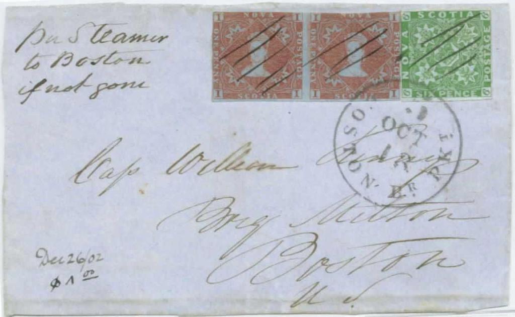 NS inland - 3d cy GB packet - 5d cy Unknown origin beyond Halifax, October 1860, 6d yellow green 1851 and pair 1d red brown 1853 pay 8d currency rate comprised of 3d currency inland postage to