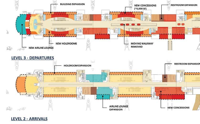 The moving walkway closest to the Main Terminal would be removed to provide a concession opportunity in the center of the concourse and new floor space would be created at the end of the boarding