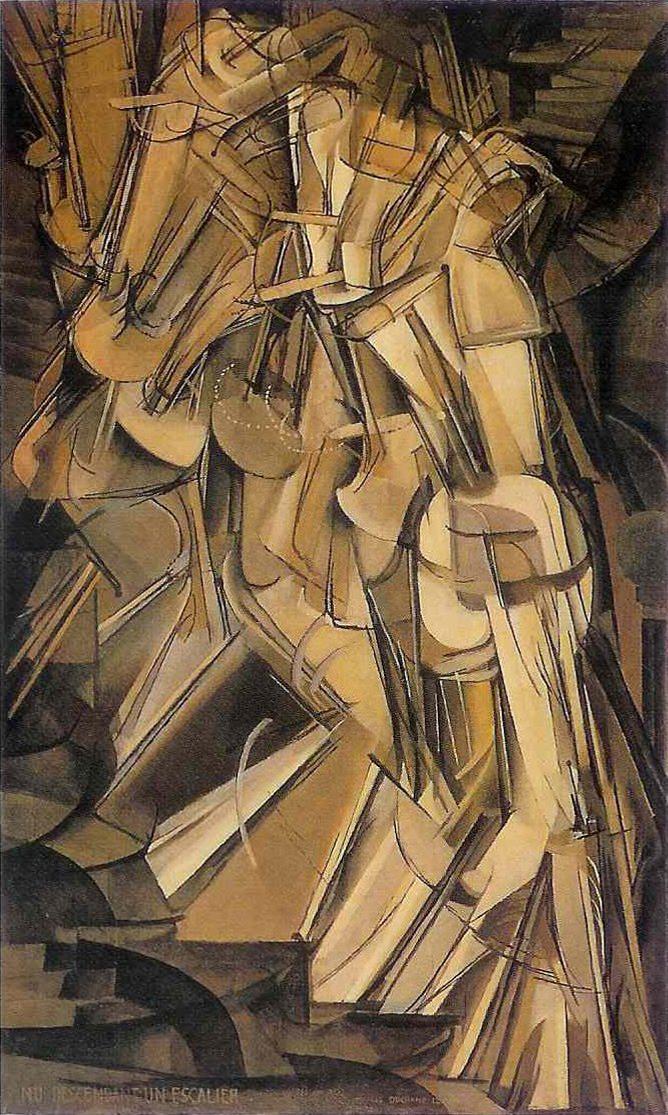 1912. godine Duchamp, u maniri kubističkog razlaganja forme, futurističkog prikaza pokreta i kinematografije Etienne-Jules Mareya i Eadwearda Muybridgea 15, slika Akt silazi niz stepenice, ispisujući