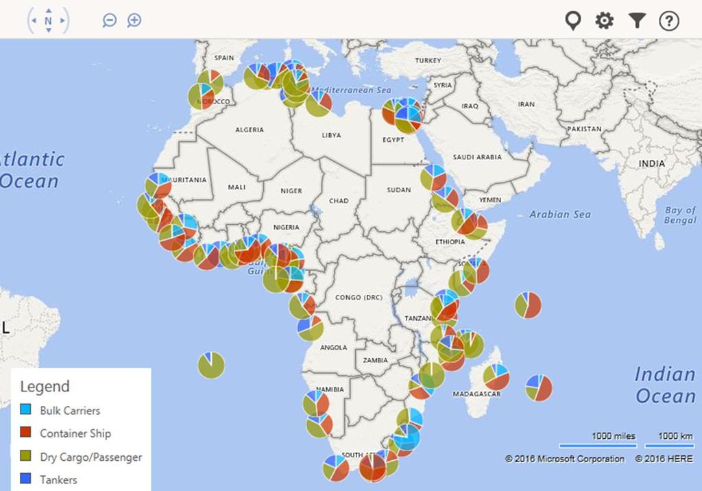 Figure 4.3 Port Calls in the Africa Region (2015) The AIS data represents 73 ports located in 37 countries. Note this figure includes the island of Saint Helena (British Overseas Territory).