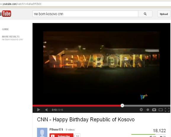 Fig. 4. Dy versionet e spotit të Kosovës në CNN http://www.youtube.com/watch?v=wfgofa_f4sm http://www.youtube.com/watch?v=kahadypzbdi Një tjetër spot për Kosovën është emetuar po në vitin 2013 në CNN që lidhej me 5-vjetorin e pavarësisë.
