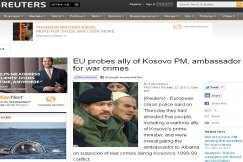 Fig. 9. Reuters informon për arrestimet e ish-komandantëve, të afërt me kryeministrin e Kosovës Burimi: http://www.reuters.