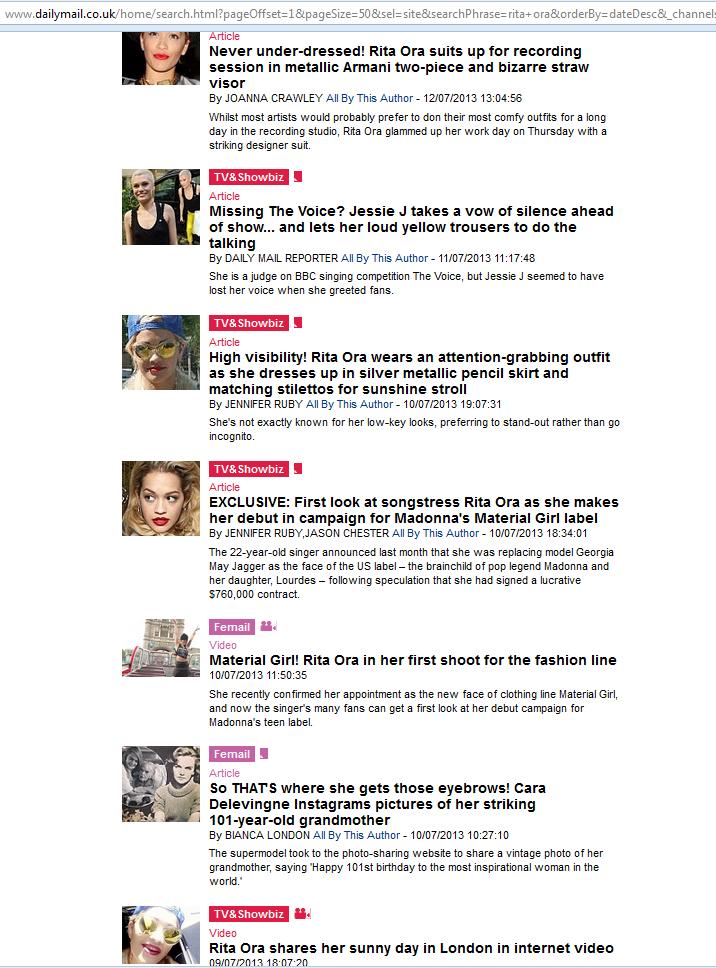 Fig. 29. Daily Mail e Londrës, shkrime thuajse të përditshme për Rita Orën. Madje, shiç shihet, më 10. 07. 2013 ka tre shkrime të ndryshme brenda ditës. Burimi: http://www.dailymail.co.uk/home/search.