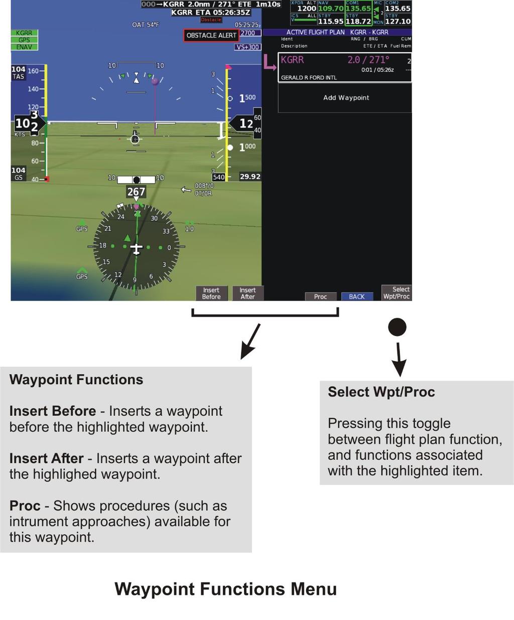 waypoints functions menu includes the option to insert a waypoint before or after this waypoint or select an instrument approach procedure (if available) for that airport.